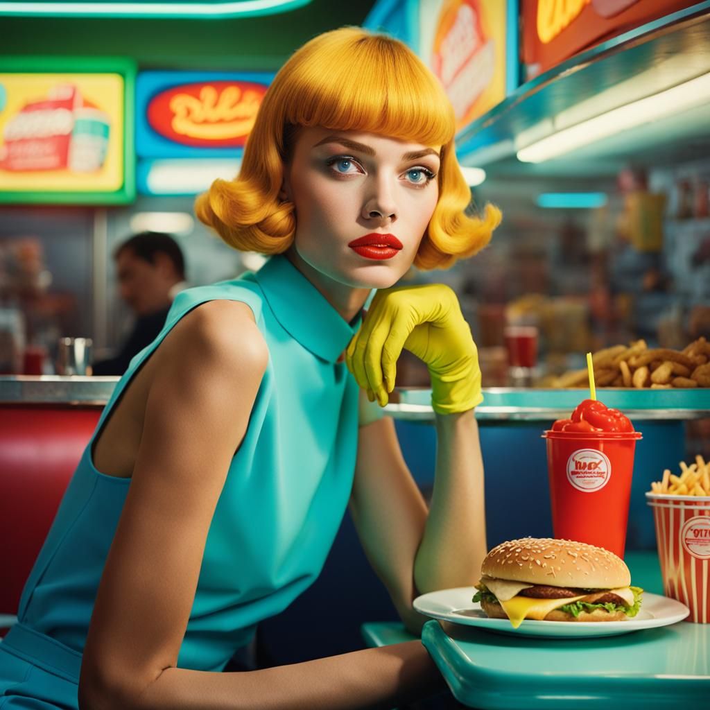 Woman in 1960s Diner, Bright Color Photography
