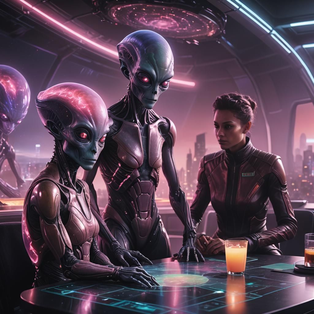 Alien Family Planning Journey in Neon Cityscape