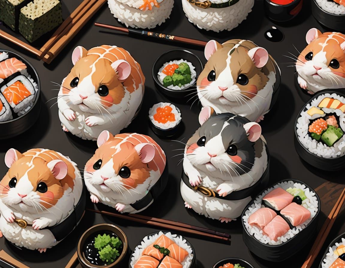 Delicious Sushi Hamsters in Traditional Japanese Art Style