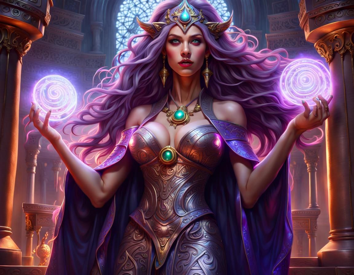 Gorgeous Sorceress with Magical Tome in Temple