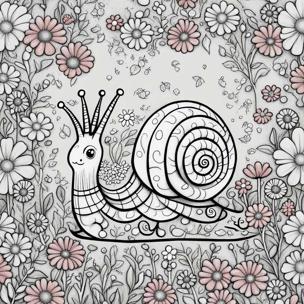 Snail in Flowers Line Art Coloring Page