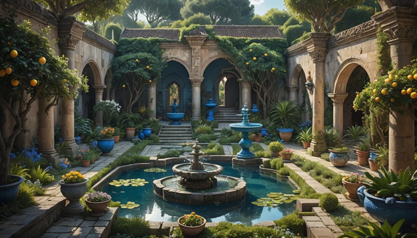 Cloister Garden Labyrinth with Blue Glass Water Feature