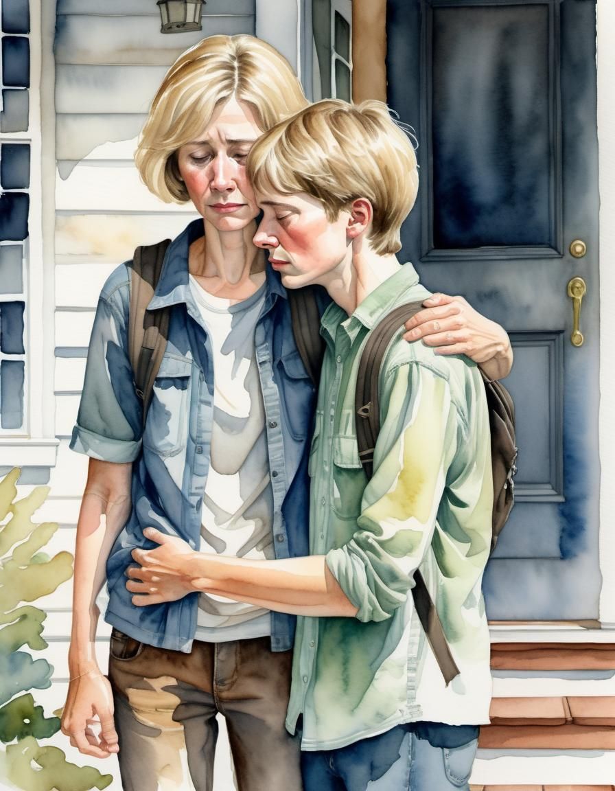 Emotional Watercolor: Mother and Son's Farewell