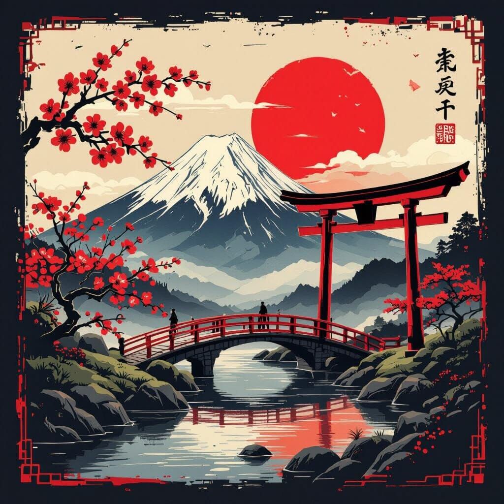 Classic Japanese Art: Mount Fuji, Blossom, and Arch Bridge