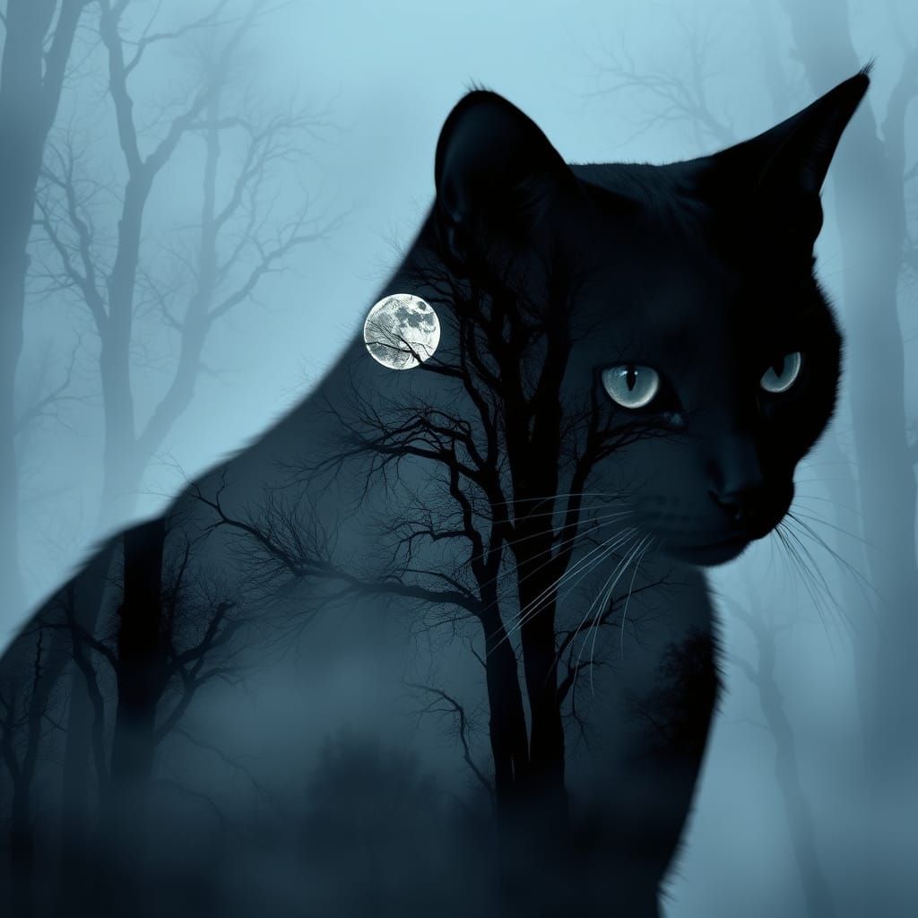 Majestic Black Cat Double Exposure in Misty Forest