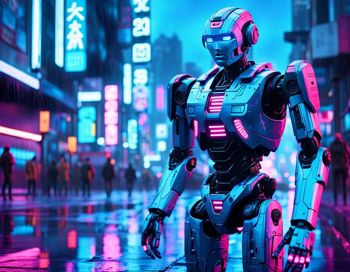 Cyberpunk Robot in Neon Cityscape