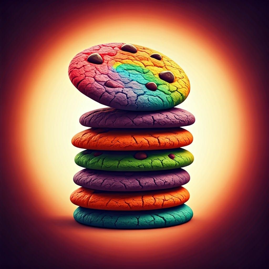 Whimsical Rainbow Cookies with Chocolate Chips in 3D Digital...