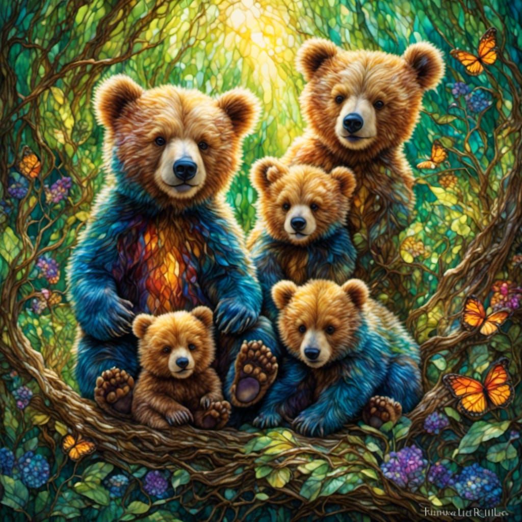 Stained Glass Landscape with Cute Bear Cubs
