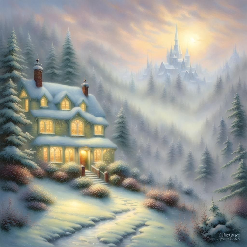 Ethereal Castle on Hill in Kinkade Style