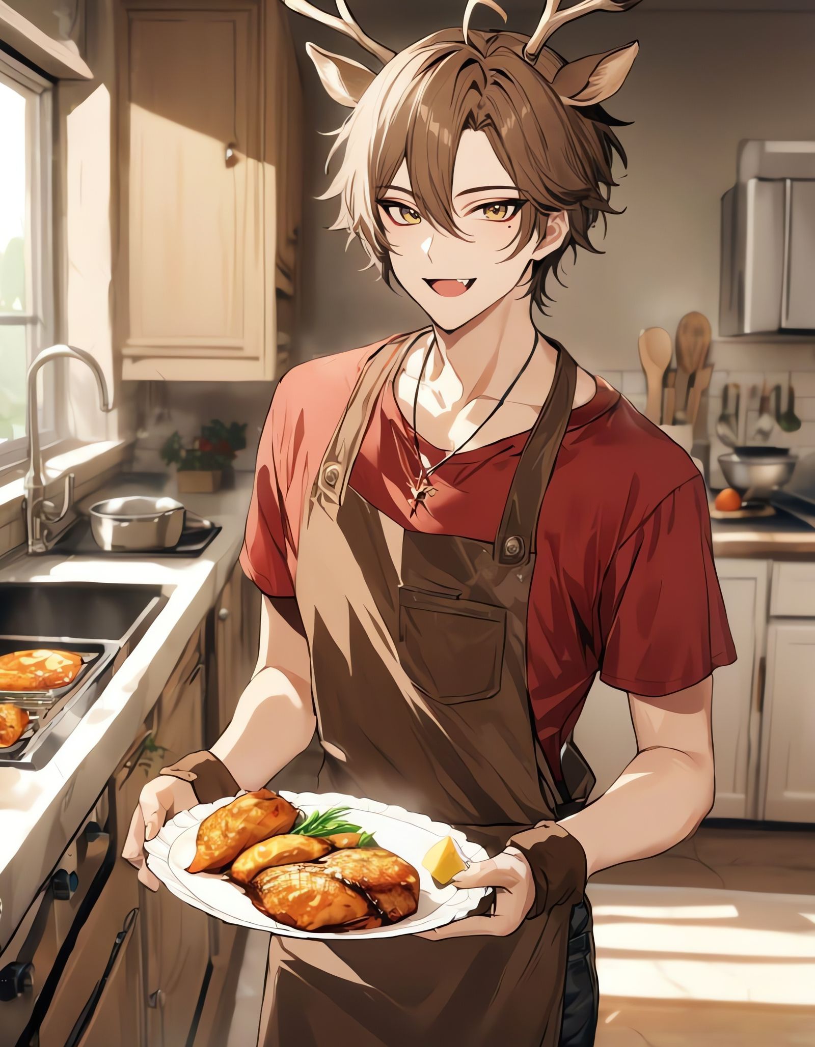 Bishounen Chef with Roasted Chicken in Kitchen