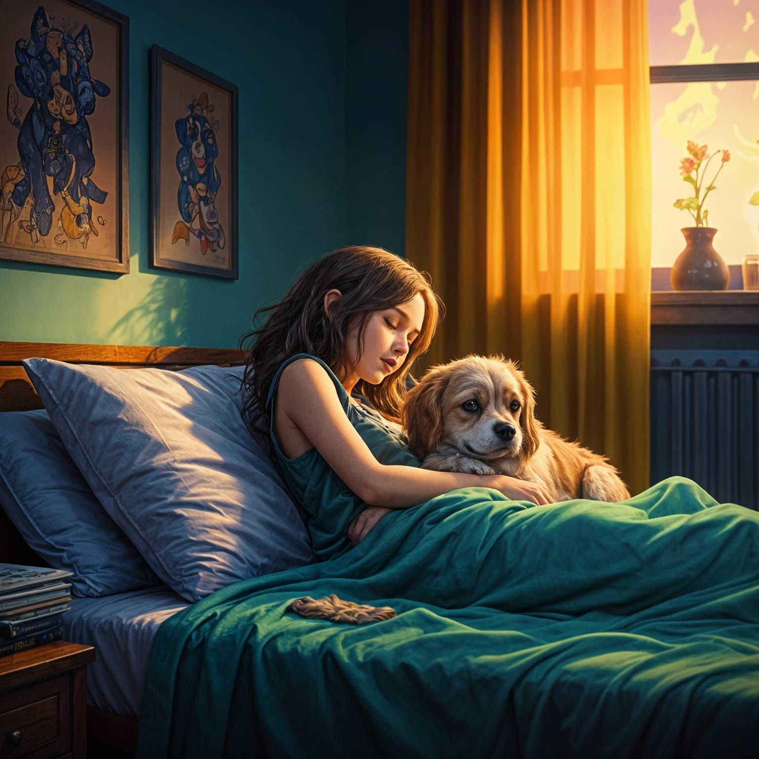 Girl Napping with Dog in Bedroom: Ink Art