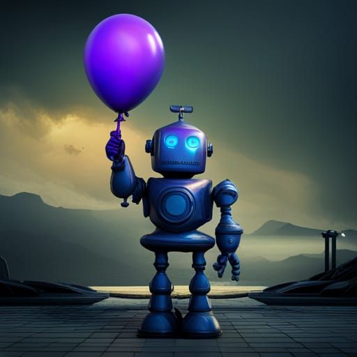 Sad Robot Holding a Purple Balloon, Detailed Matte Painting