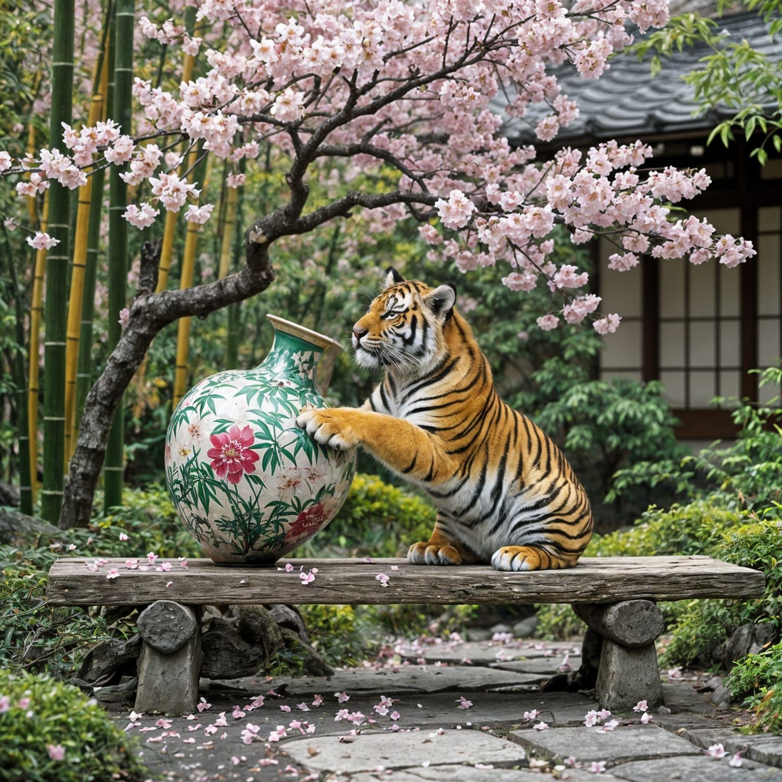 Tiger Cub Mischief in Japanese Garden