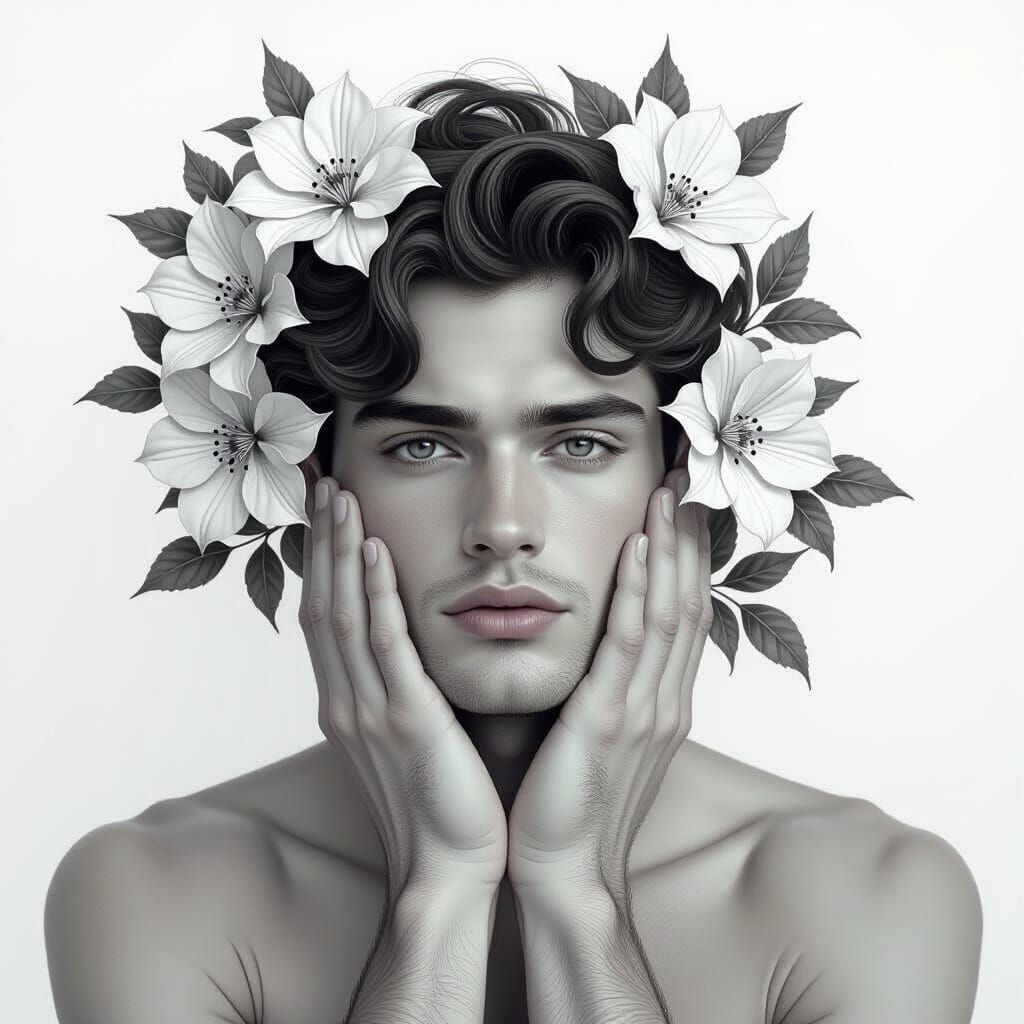 Hyperdetailed Black and White Drawing of Man with Flowers