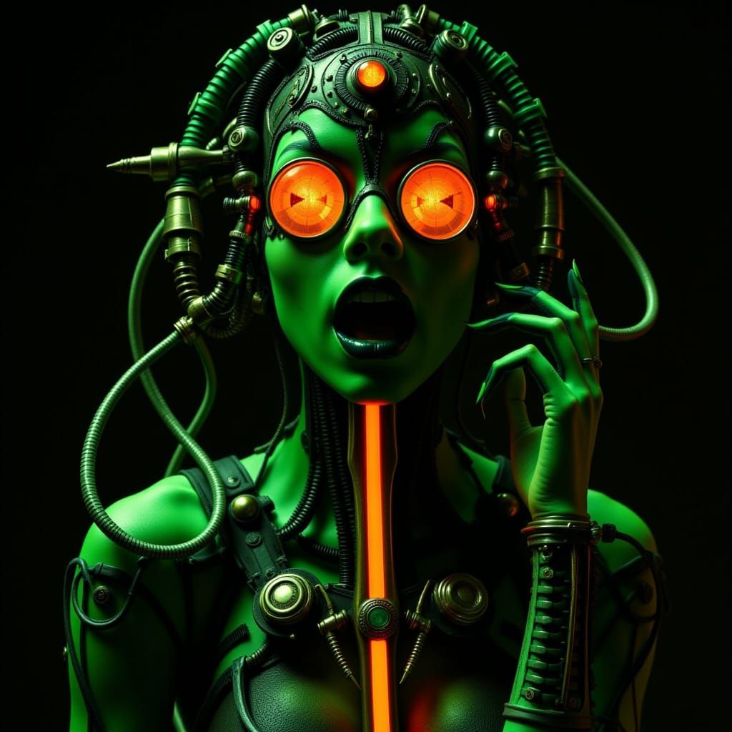 Gigerpunk ⚙️🟢🟠 Glowing in Neon Green and Orange Lights