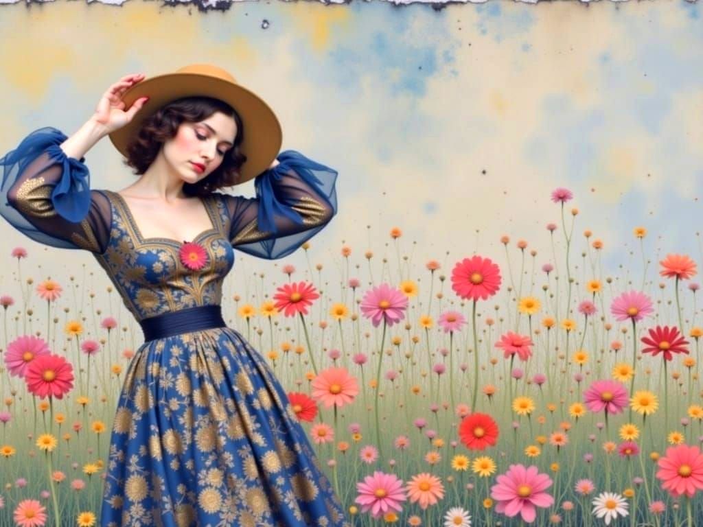 Woman with Floral Background in Klimt Style