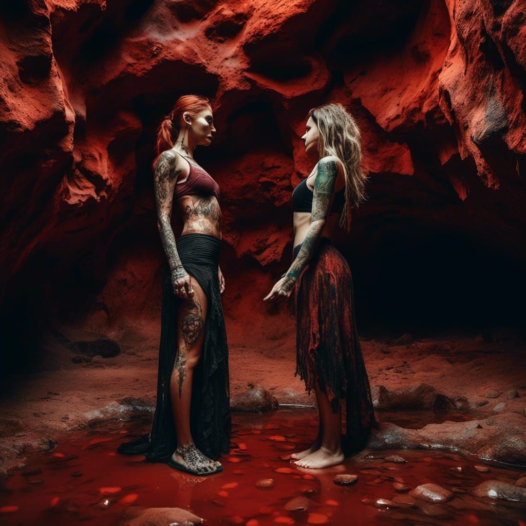 Tattooed Women Embrace in Red Cave