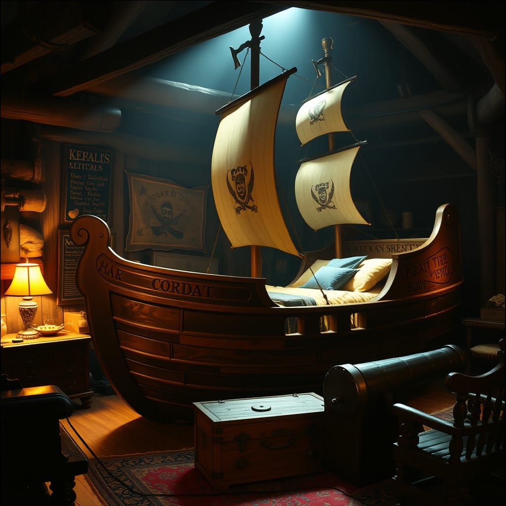 Pirate Ship Bed in a Swashbuckling Lair