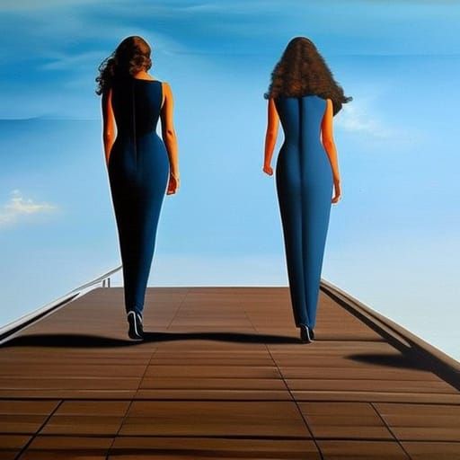 Women Walk on Boardwalk in Surrealist Style