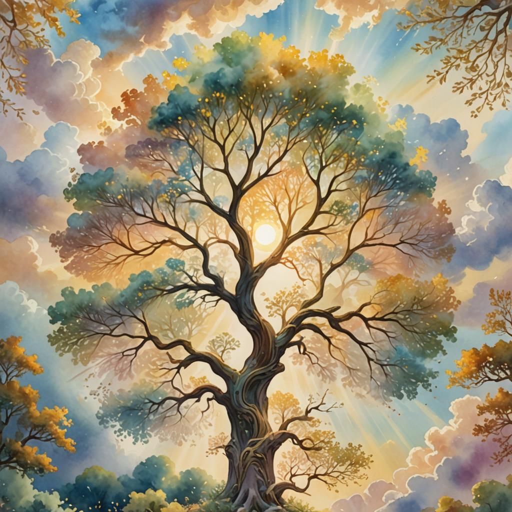 Tree of Life in Heavenly Sunshine: Watercolor Painting