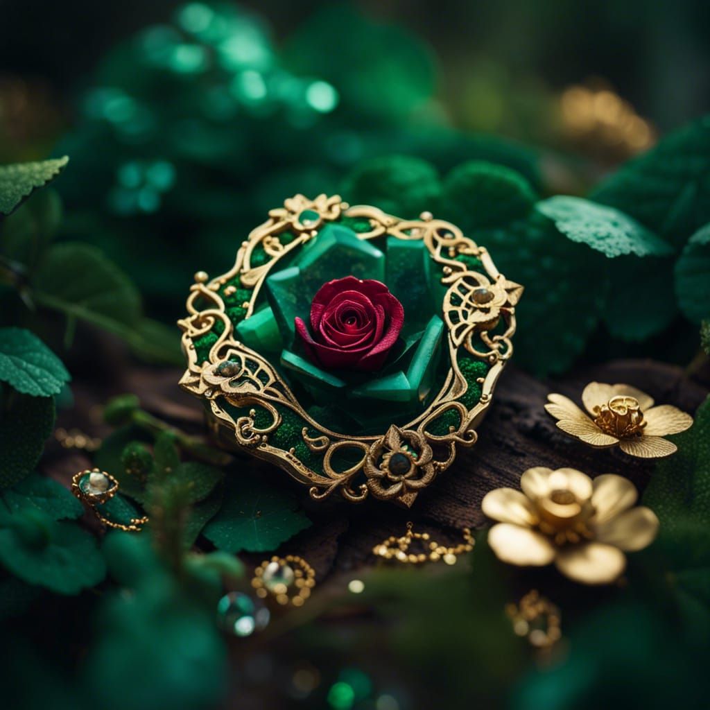 Emerald Gemstone Rose in Detailed Forest Setting