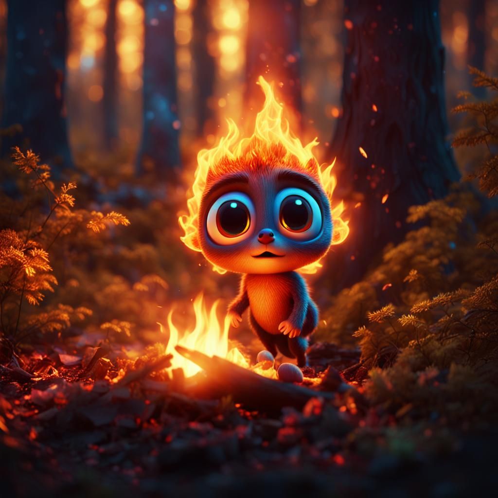 Cute Fire Being in Mystical Forest: Pixar Style