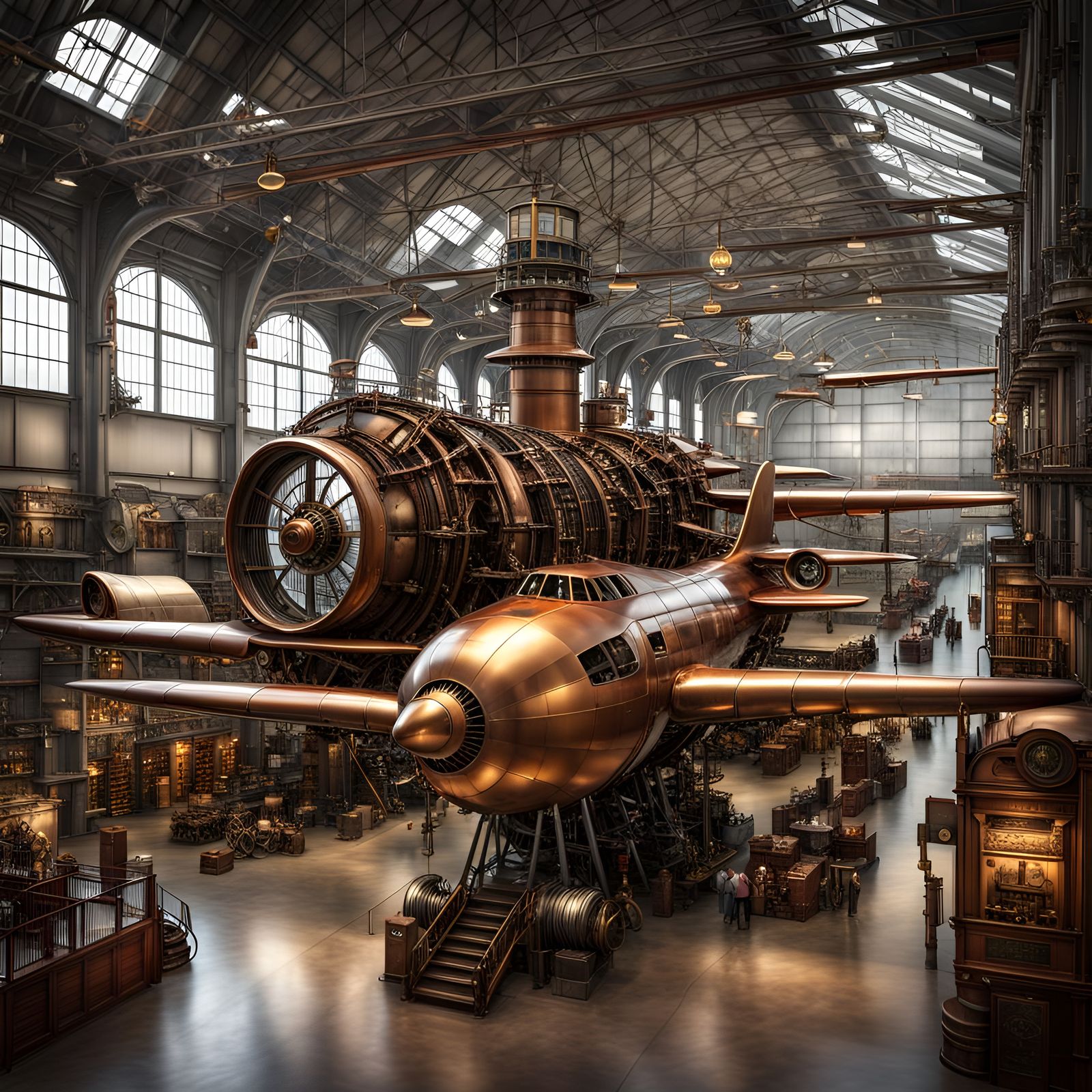 Steampunk Aircraft Museum Interior: Photorealistic Engine Co...