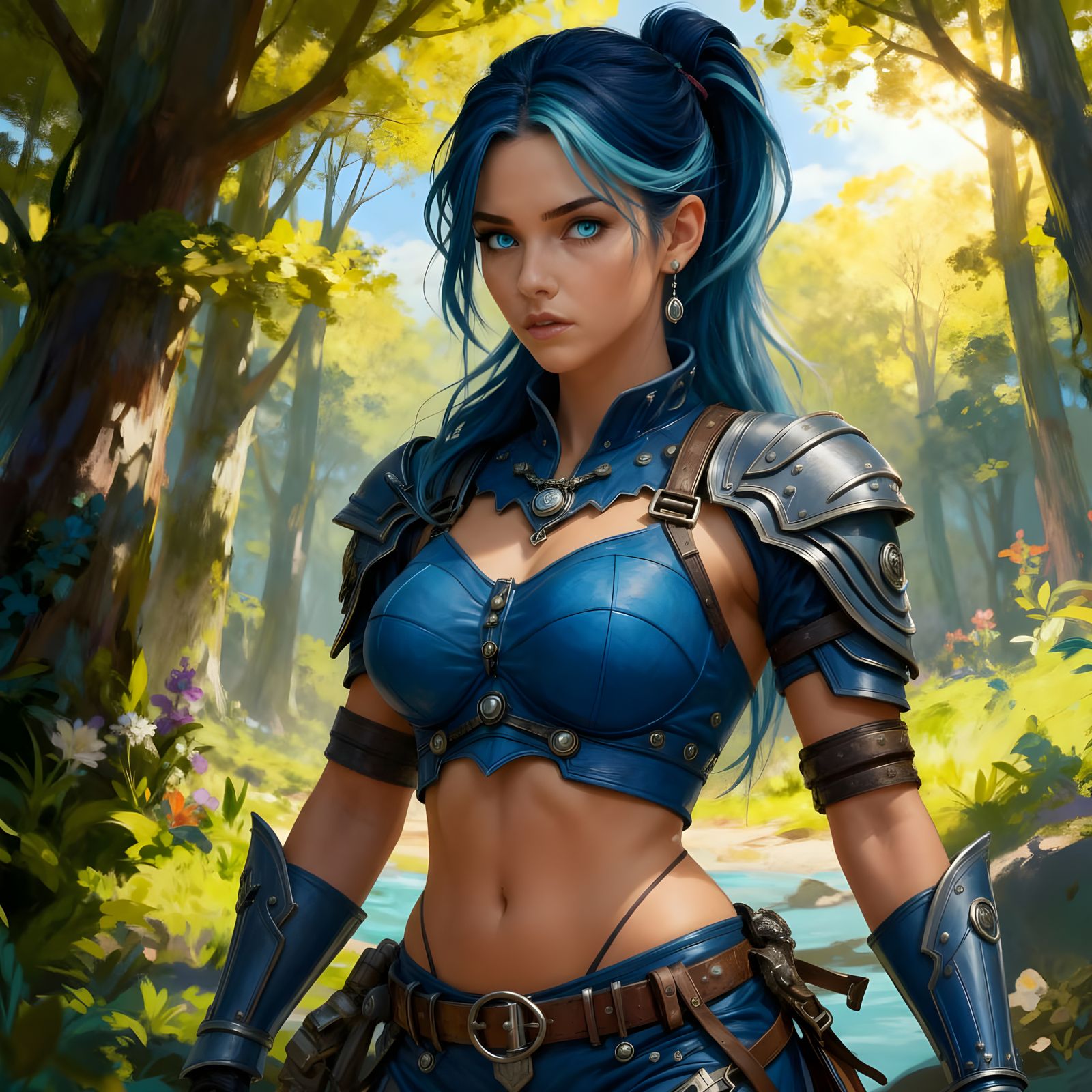 Beautiful Warrior Woman with Blue Hair in Fantasy Forest