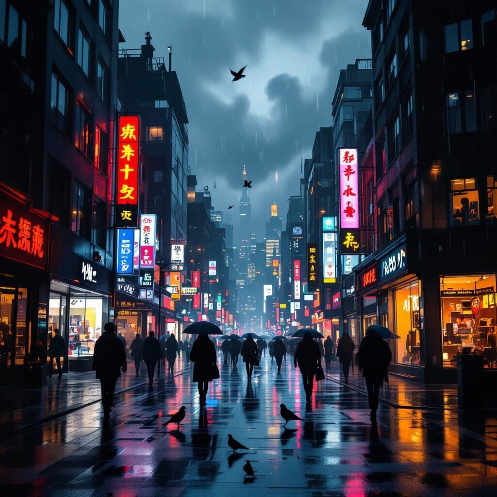 Neon Noir Cityscape on Rainy Autumn Evening