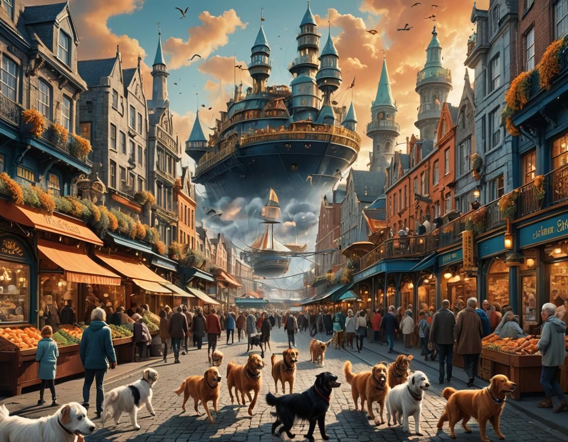 Dublin Market with Running Animals, Vibrant Fantasy Art