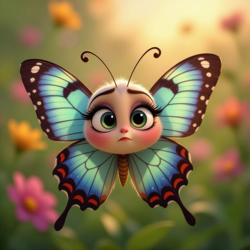 Pixar-Style Confused Butterfly in Vibrant Garden