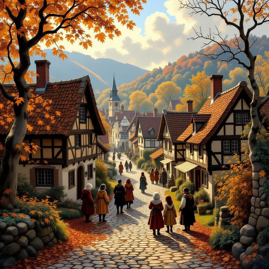 Fantasy Medieval Village in Autumn, Old Master Painting