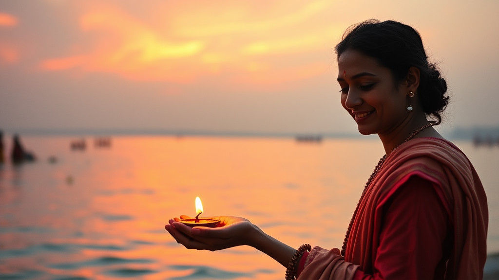 Pilgrim Lights Diya on Sangam Waters at Sunset