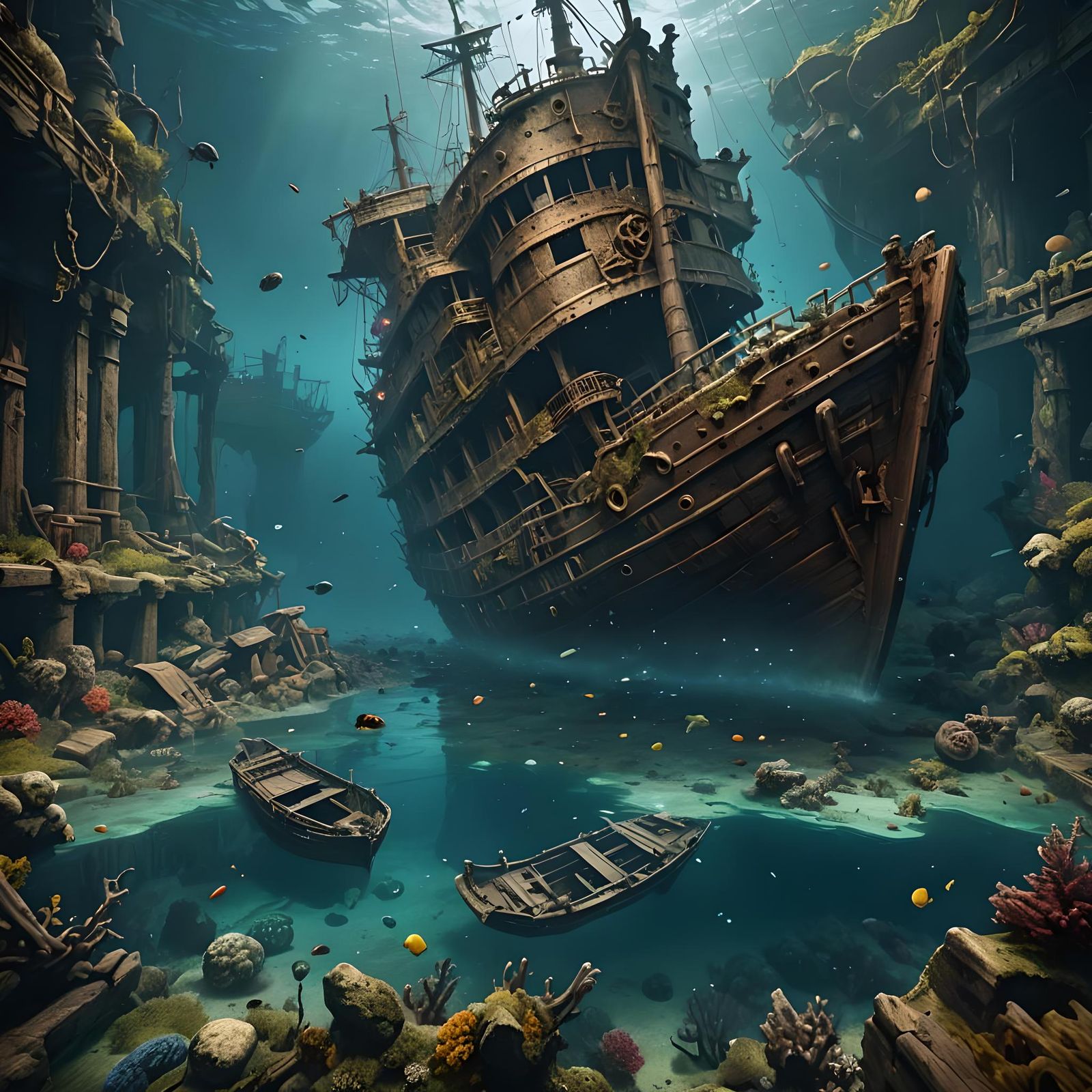 Underwater Shipwreck: Detailed Matte Painting in Deep Color