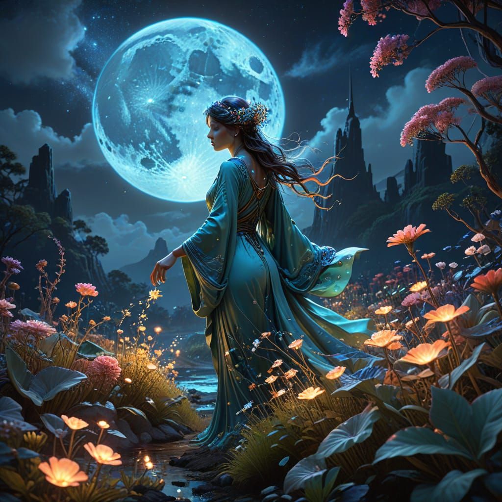 Celestial Gardener in a Bioluminescent Moon Garden