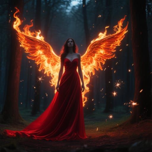 Empowered Woman with Fire Wings in Forest Clearing