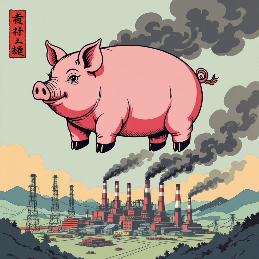 Ukiyo-e style woodblock Pink Floyd Animals Album and Pig fac...