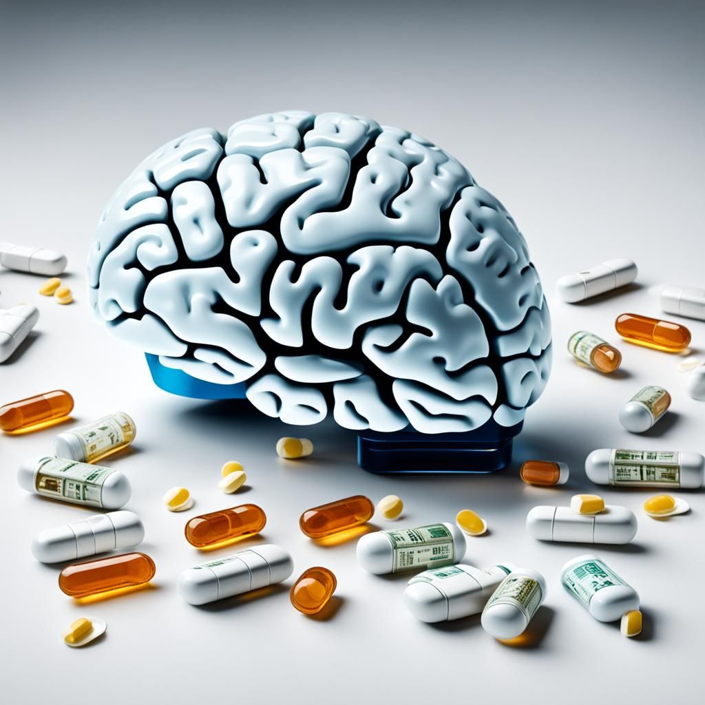 Brain with Chip and Medicines on White Table