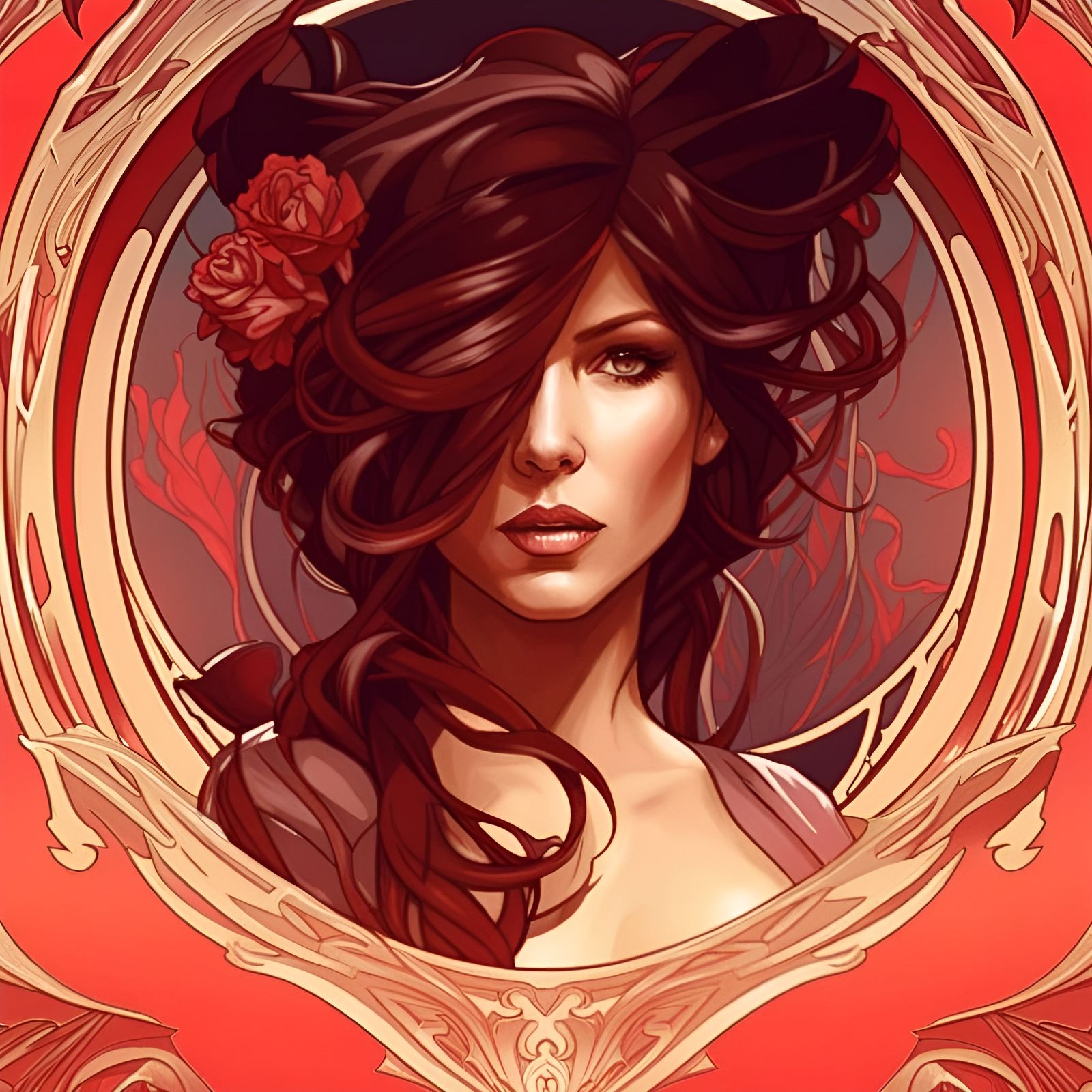 Kate beckinsale, Red Alphonse Mucha inspired