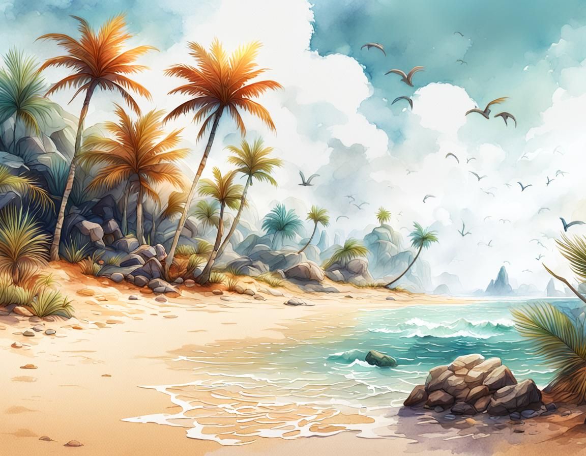 Paradise Beach Illustration in Watercolor and Ink