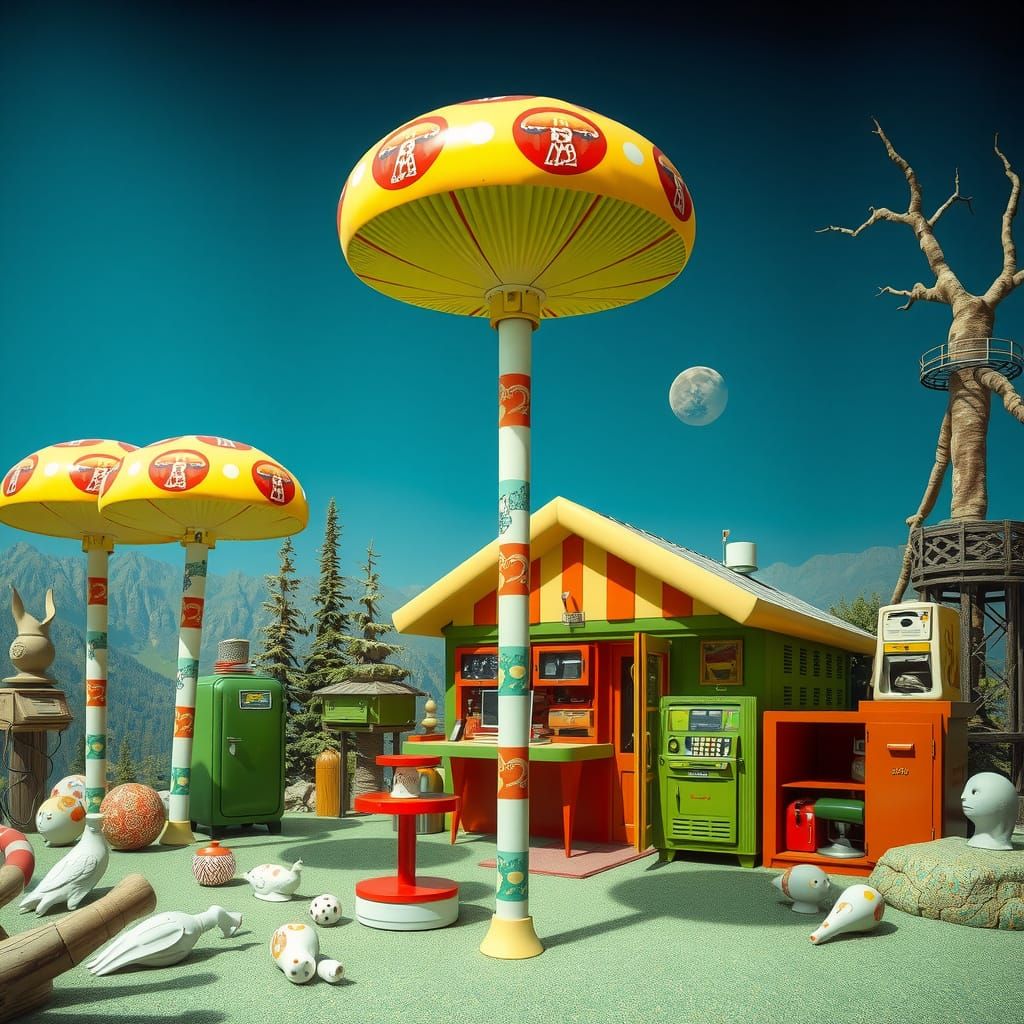 Vibrant Hyperreal Scene of Mushroom Flags and Colorful Chewi...