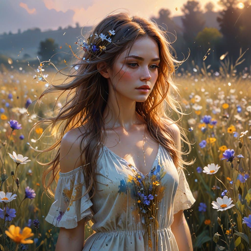 Ethereal Girl in Flower Field, Watercolor Splash Art