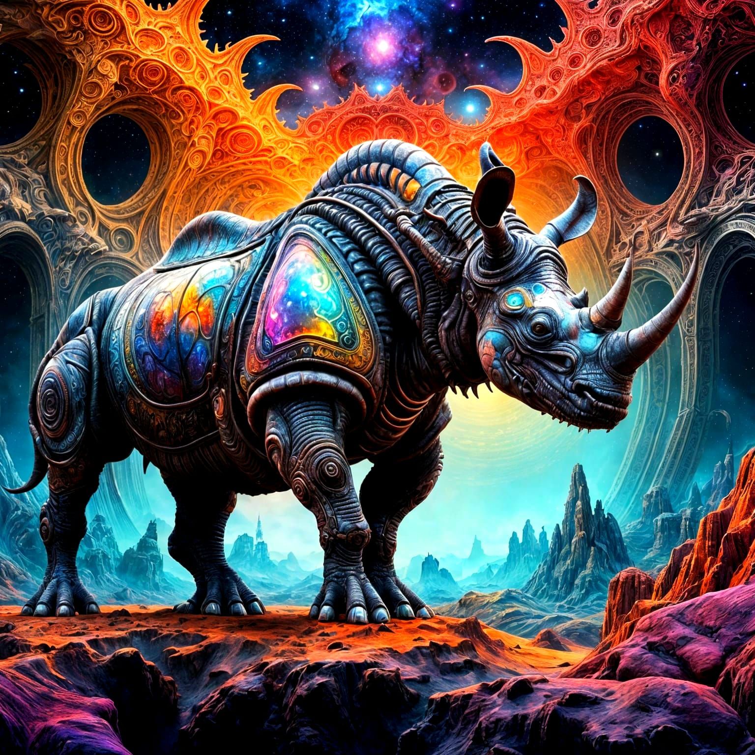 Epic Cosmic Rhino Confronts Vibrant Fractal Vortex