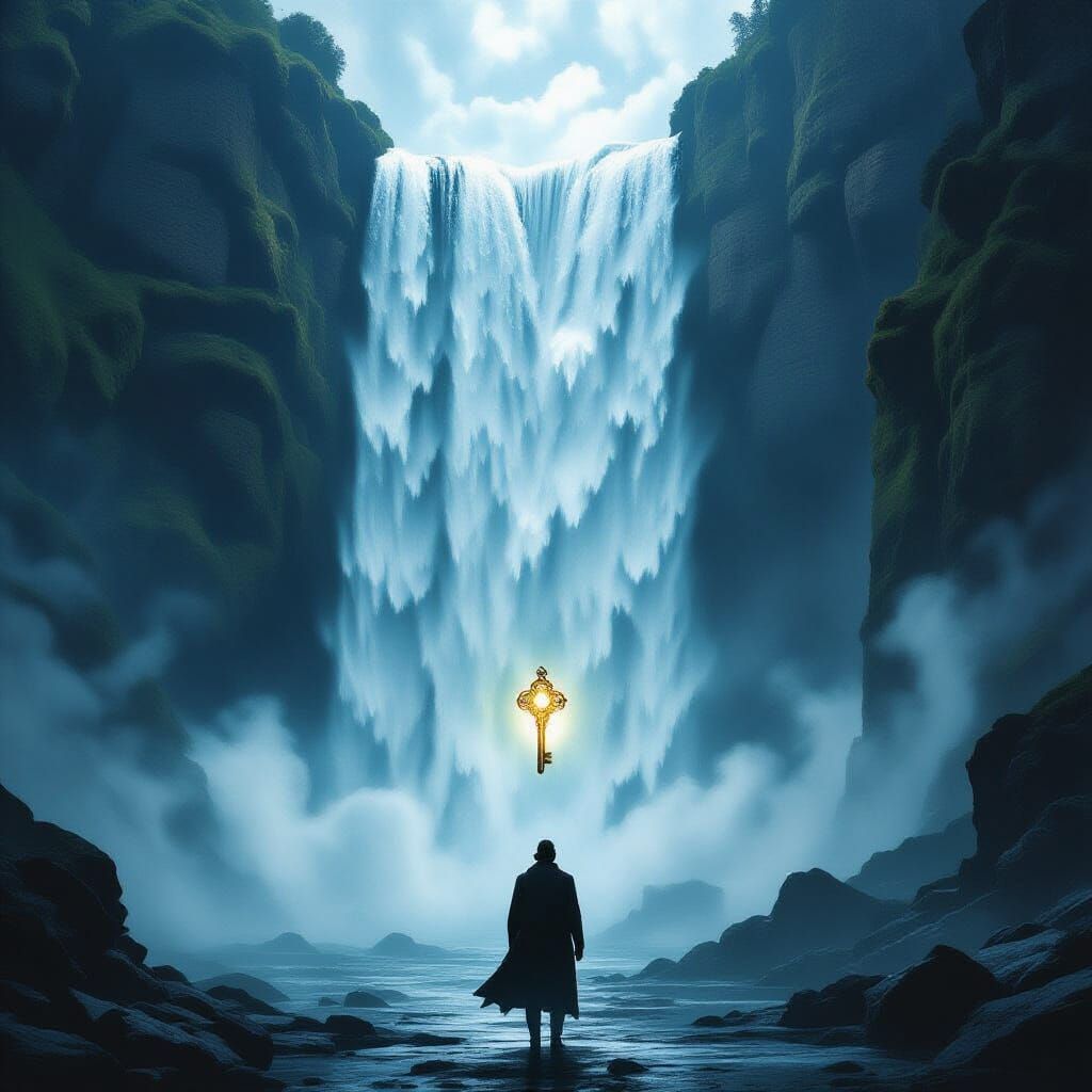 Lone Agent with Glowing Key at Ancient Waterfall