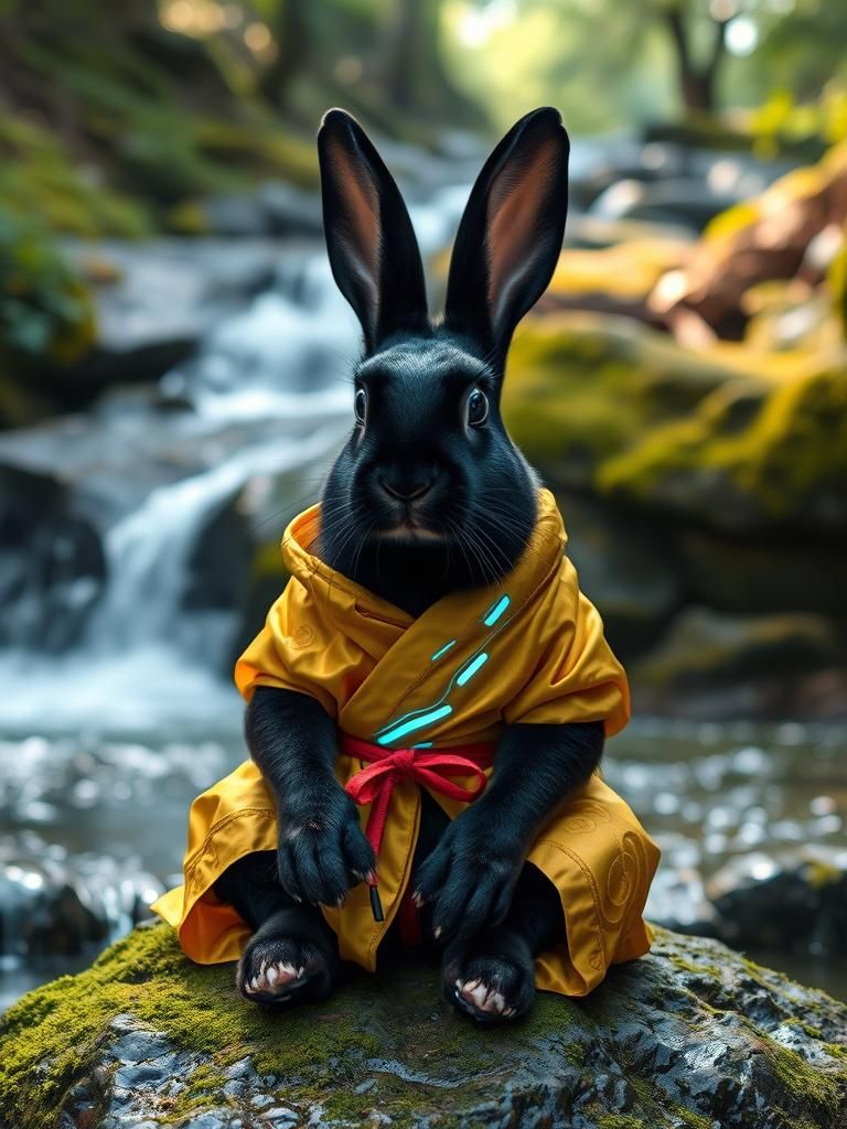 Meditative Black Rabbit in Futuristic Robe by Waterfall