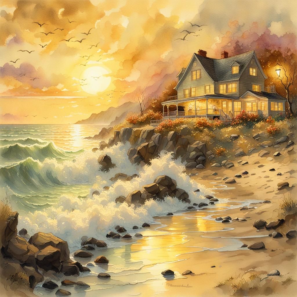 Whimsical Beach Scene in Dreamy Pastel Hues