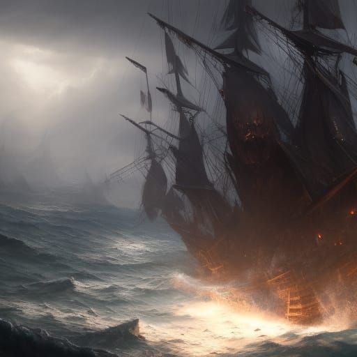 Sinister Pirate Ship on Stormy Seas