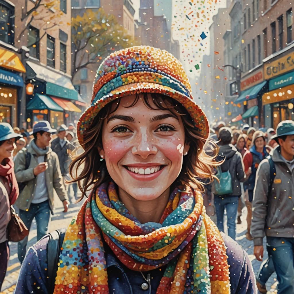Pointillist Portrait in Bustling City Street