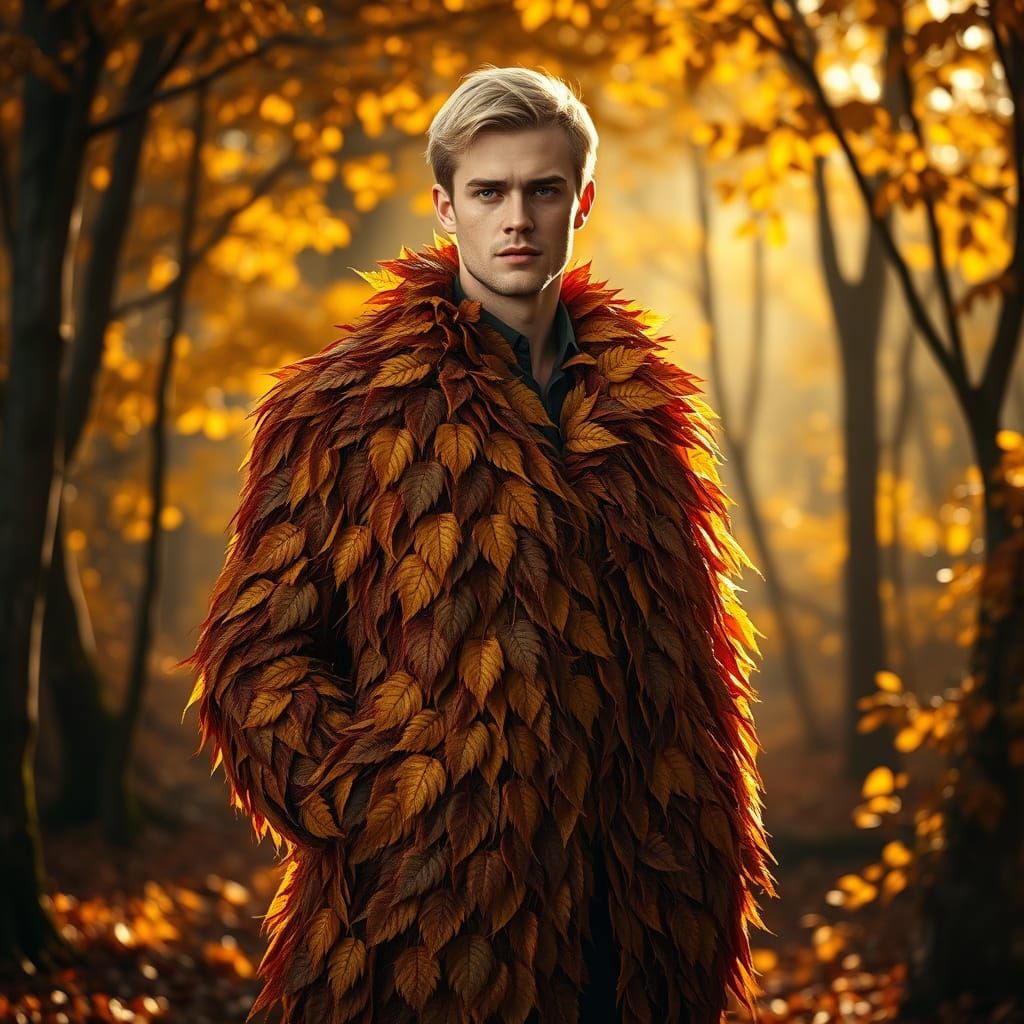 Man in Leaf Coat in Enchanting Autumn Forest