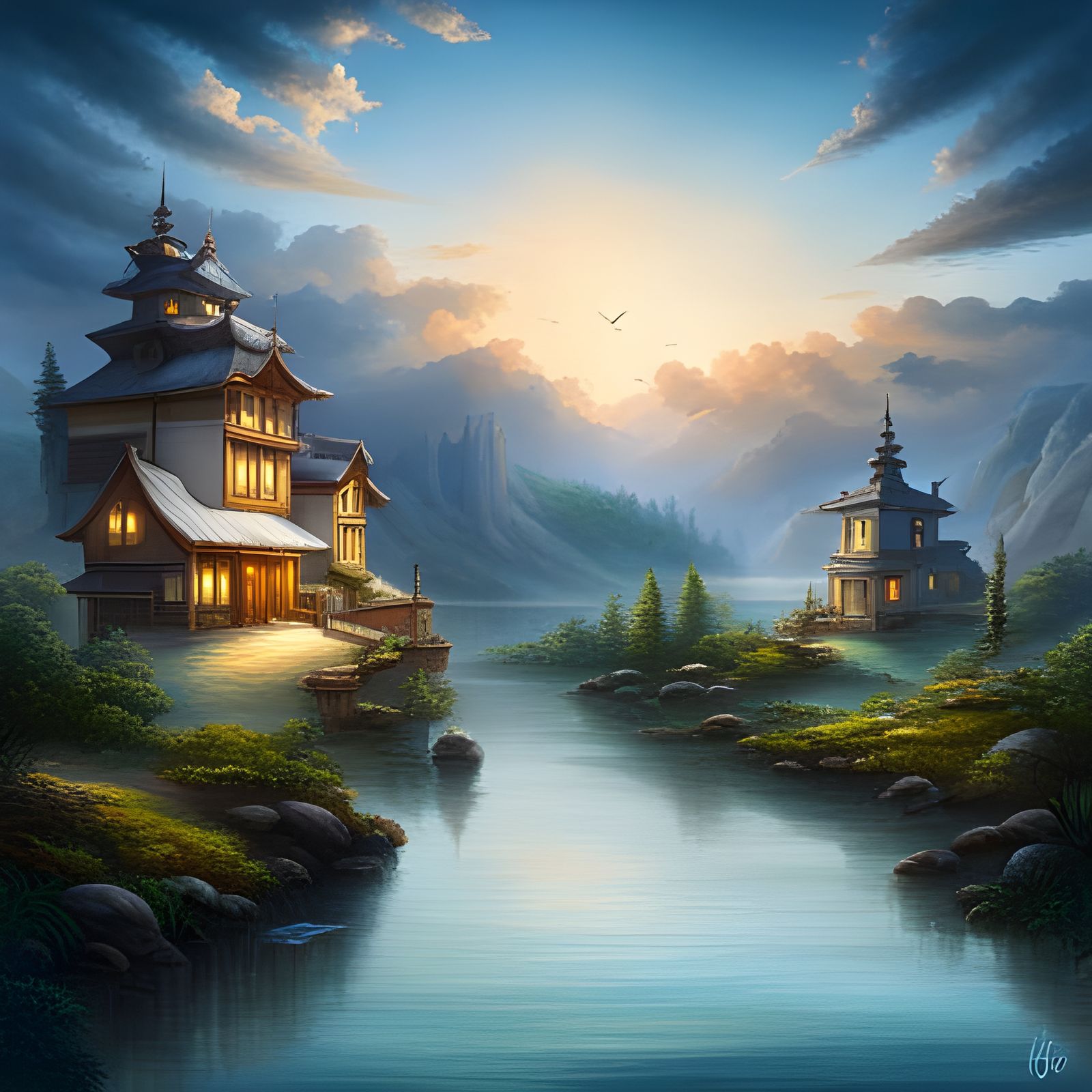 Celestial Landscape with Floating Islands and Waterfall of S...